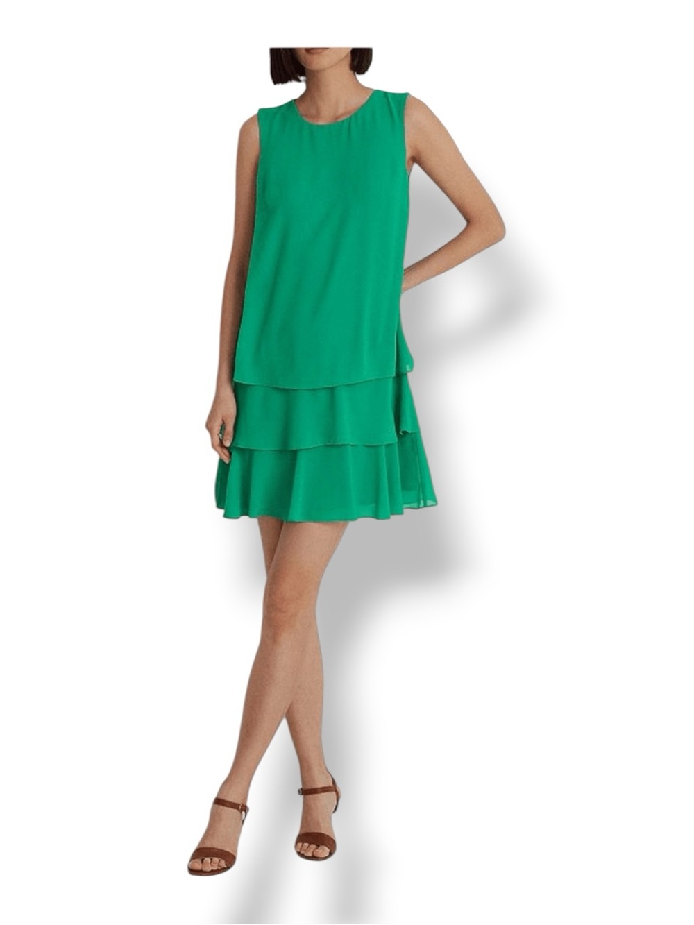 Lauren Ralph Lauren Women’s Round Neck Georgette Ruffled Shift Dress Green 16